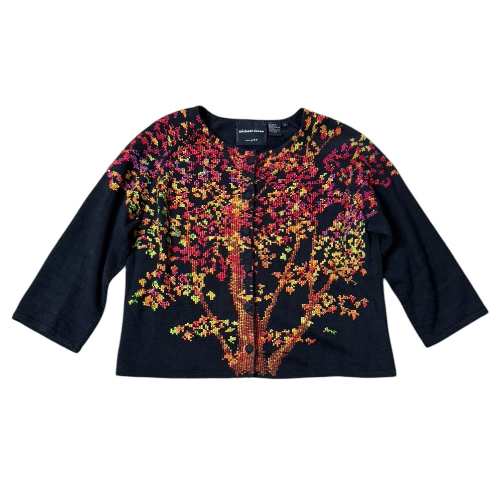 Michael Simon Vintage Embroidered Autumn Tree Cardigan Size M
